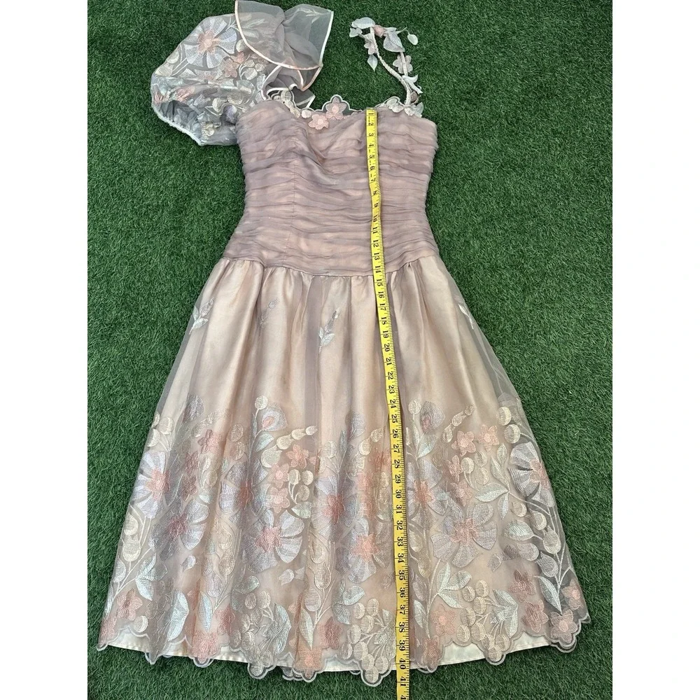 Vintage Party Dress Women 8 Pink‎ Floral Ruffle Puff Sleeve Girly